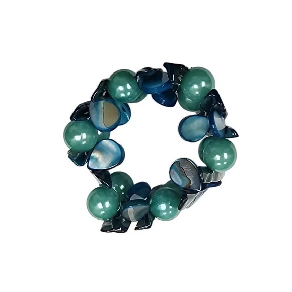 Vintage Blue Green Beaded Abalone Shell Stretch Bangle Bracelet - Picture 2 of 2
